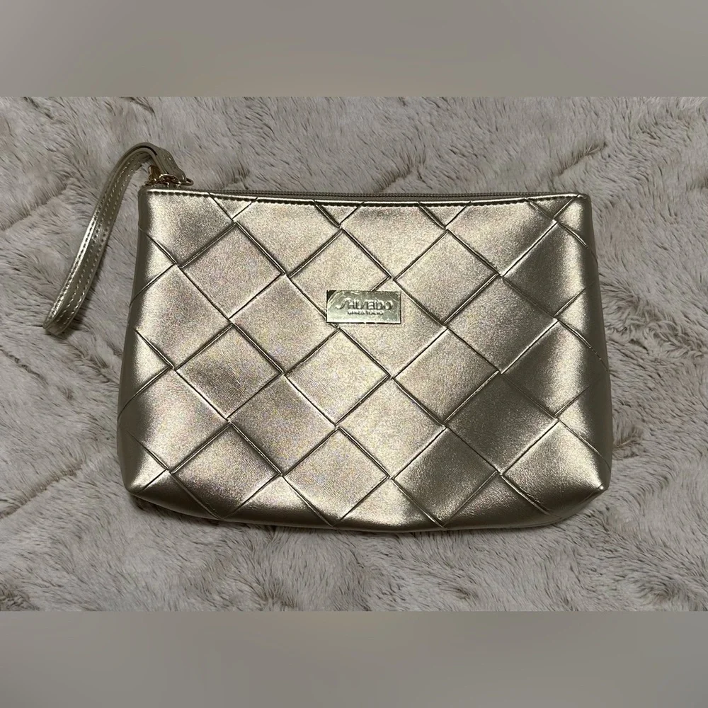 SHISEIDO Makeup Bag Goldtone Faux Leather Cosmetic Toiletry Pouch